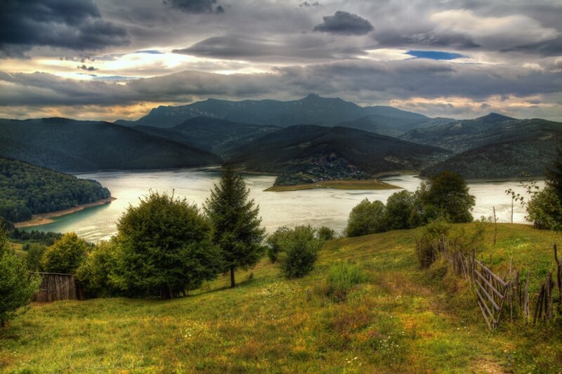 Lake and Mountains Landscape — Green, Dramatic