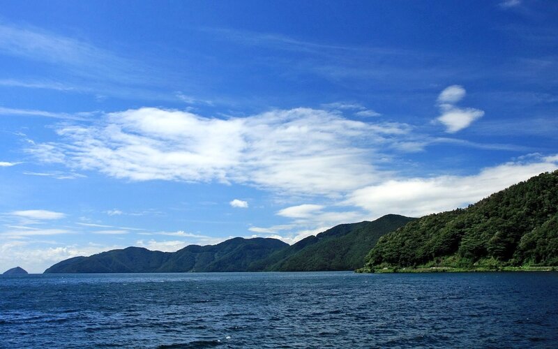 Lake and mountains under blue sky