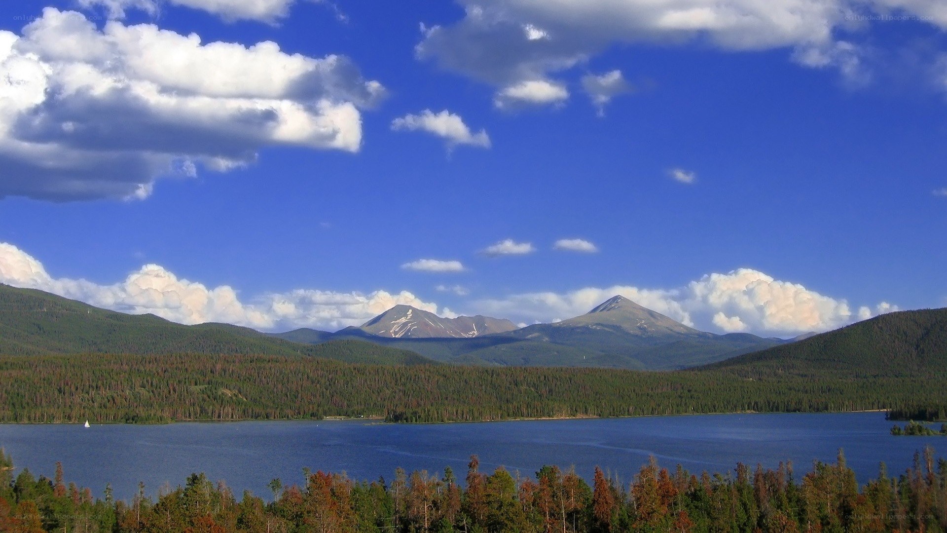 Lake and mountains under blue sky