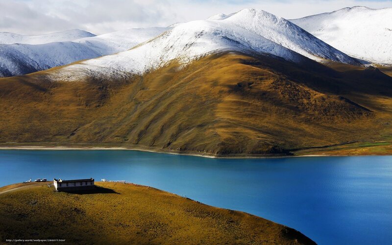 Lake and Snow-capped Mountains — Blue, Serene, Afternoon, Photograph, Building