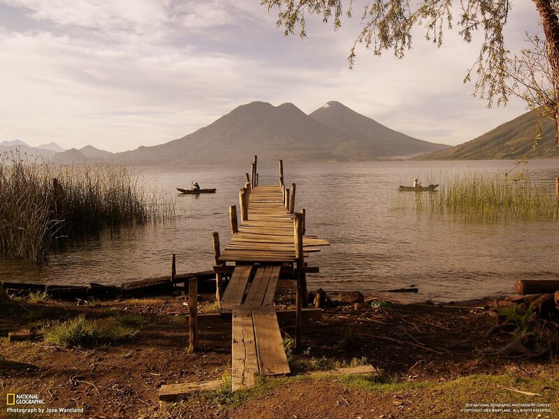 Lake and volcanoes at dawn