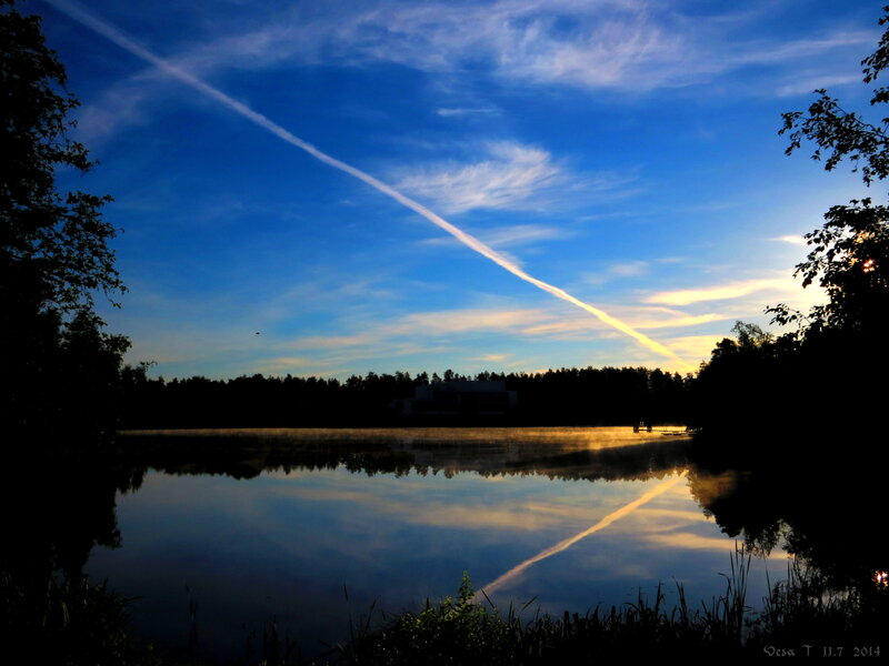 Lake at Dawn with Contrail