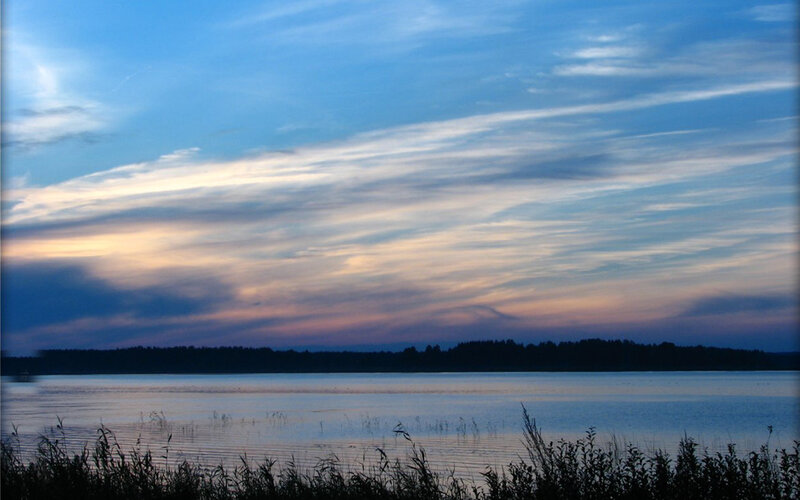 Lake at Dusk — Blue, Serene, Sunset, Photograph, Sky