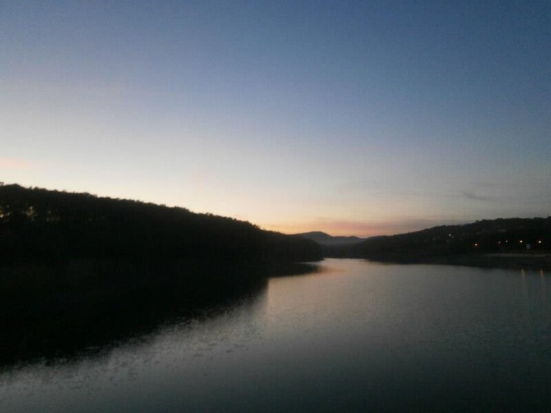 Lake at Dusk — Blue, Serene, Sunset, Photograph, Trees, Mountains, Lights