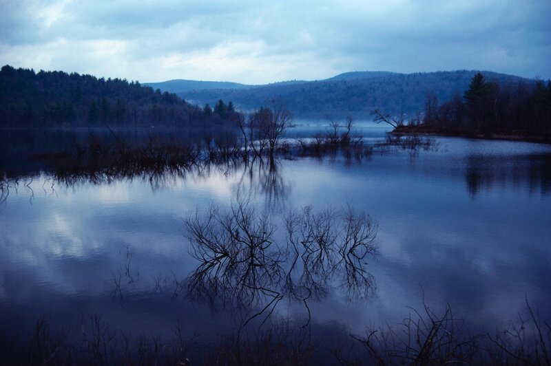 Lake at dusk with bare trees