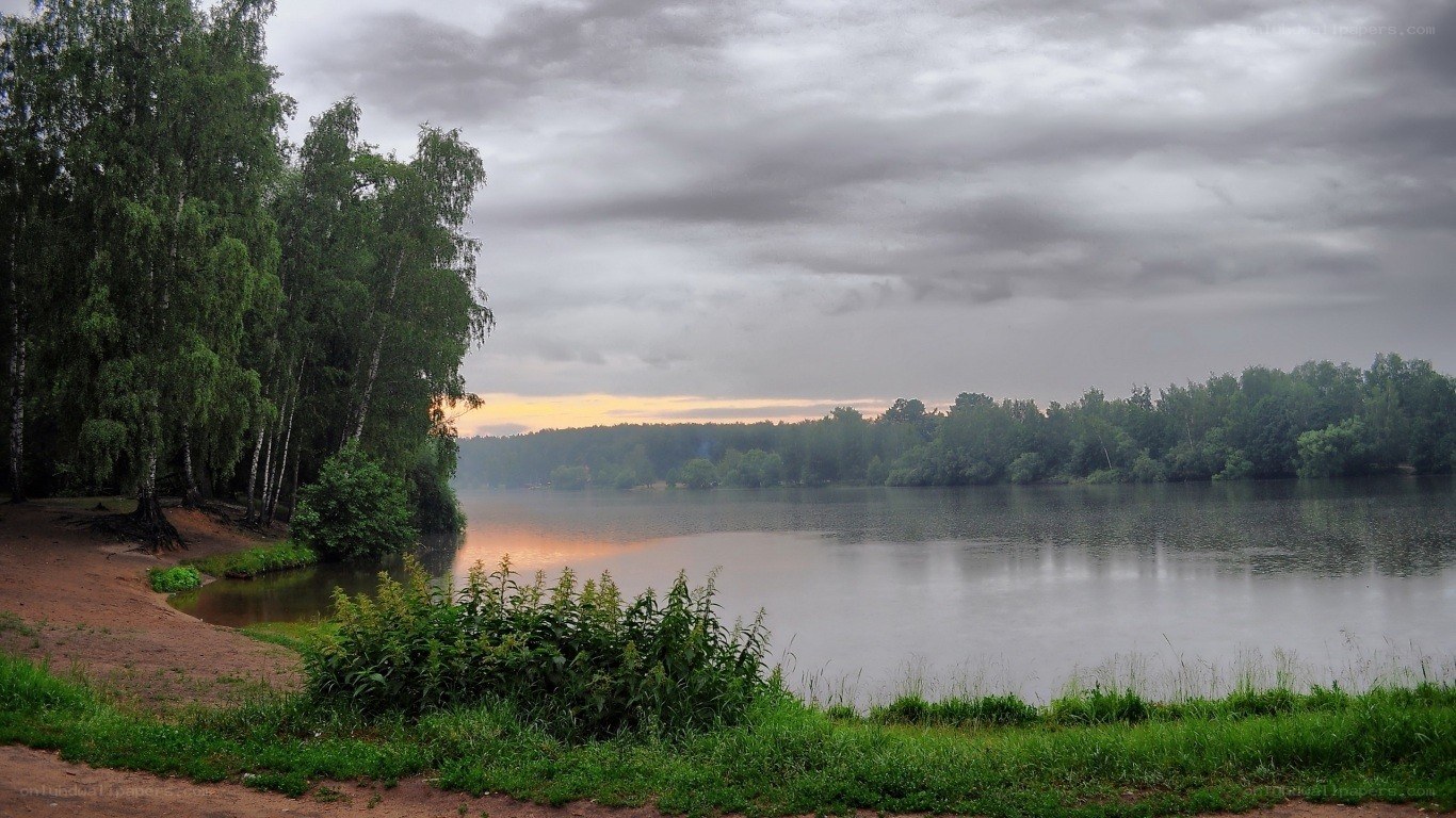 Lake at dusk with cloudy sky