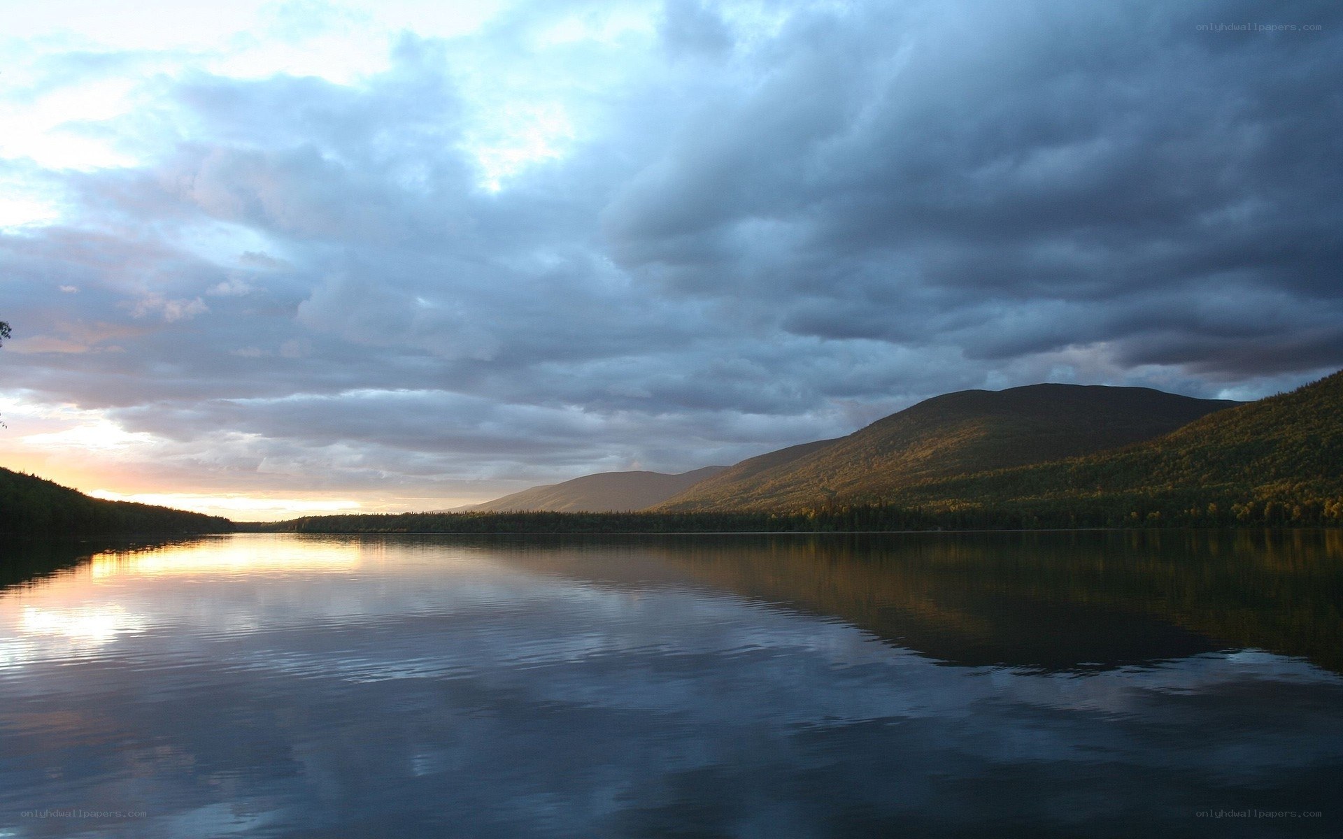 Lake at dusk with cloudy sky