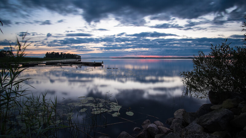 Lake at Dusk with Dock — Blue