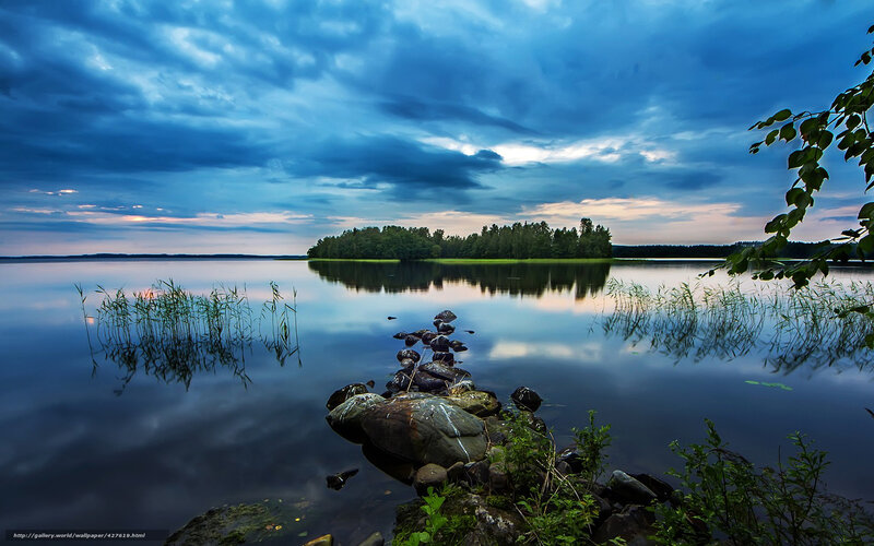 Lake at dusk with island