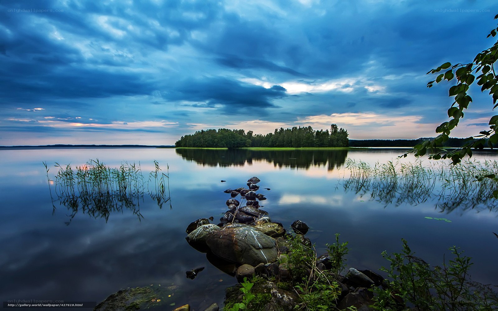 Lake at dusk with island
