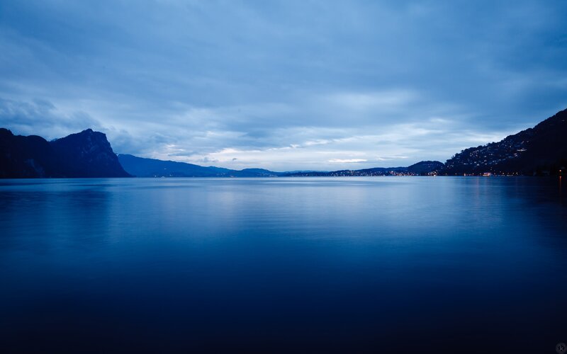 Lake at Dusk with Mountains — Blue, Calm