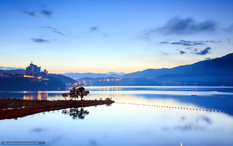 Lake at Dusk with Mountains — Blue, Serene, Sunset, Photograph