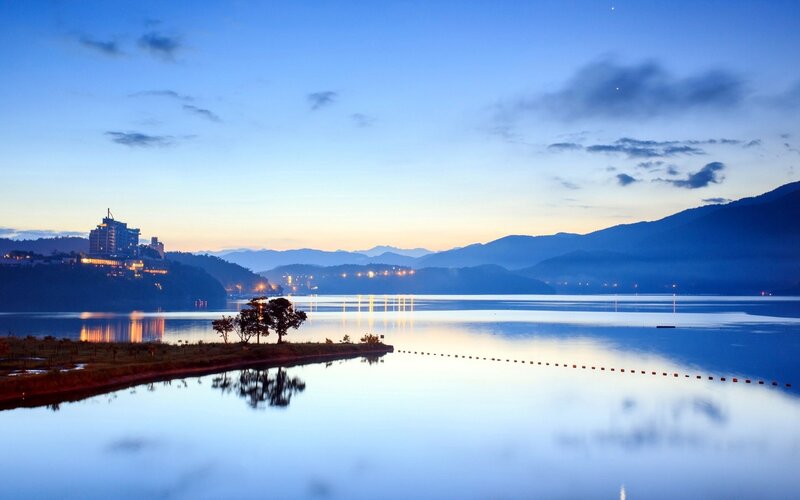 Lake at Dusk with Mountains — Blue, Serene, Sunset