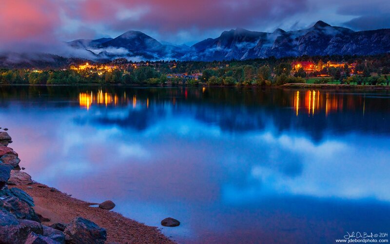 Lake at Dusk with Mountains — Blue