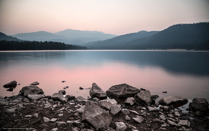 Lake at Dusk with Mountains — Pink