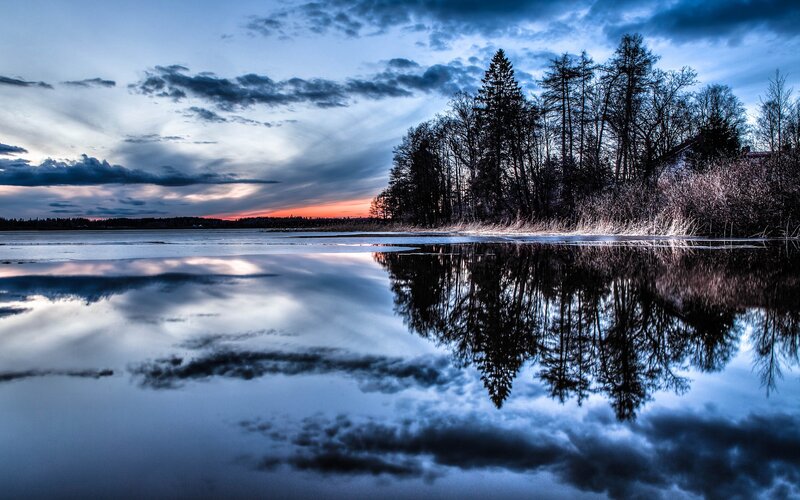 Lake at dusk with tree reflection