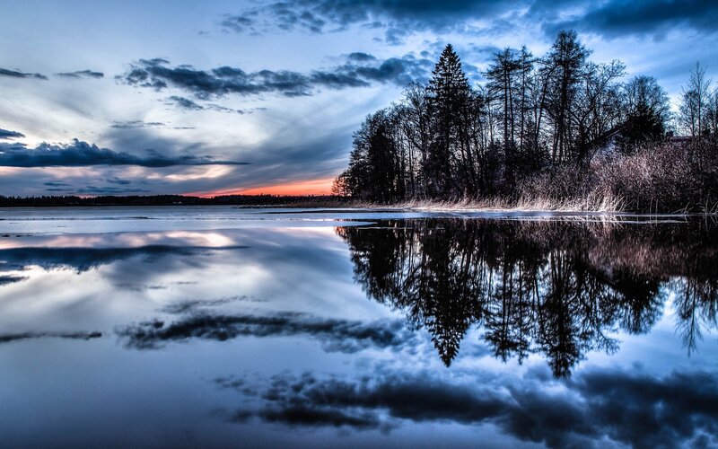 Lake at dusk with tree reflection