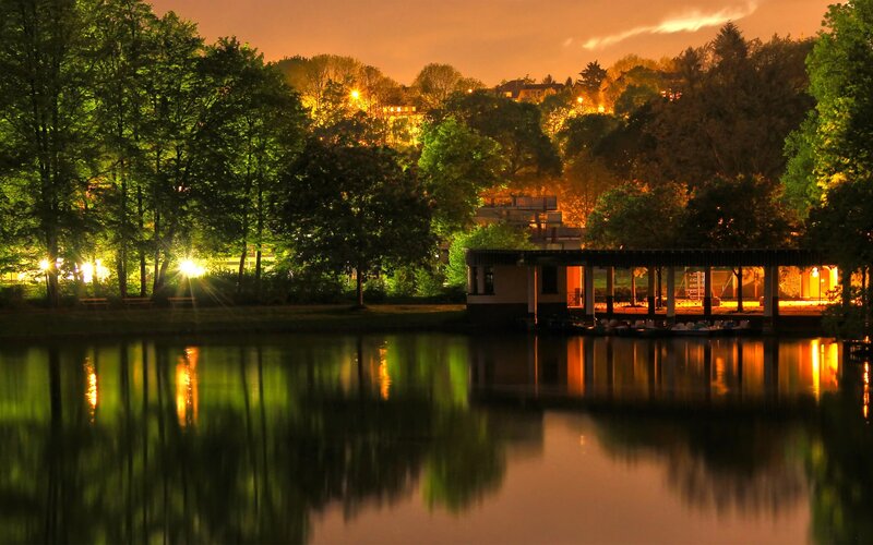 Lake at Night with Lights — Green