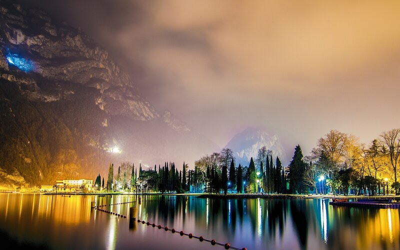 Lake at Night with Mountains