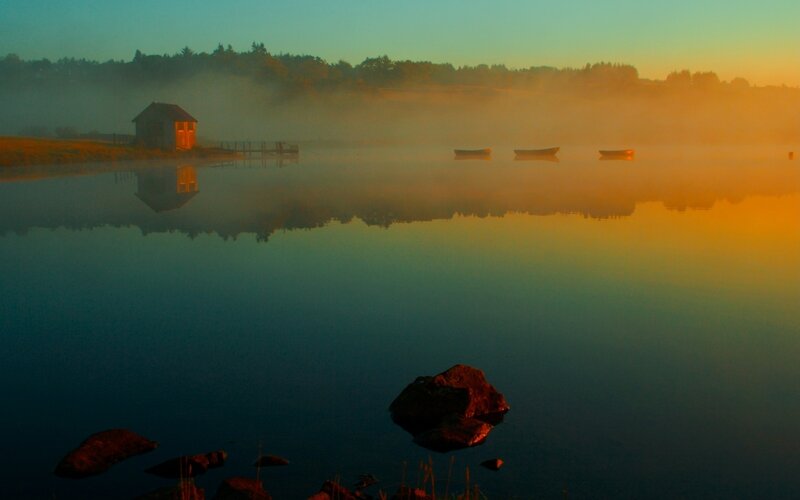Lake at Sunrise — Blue, Serene, Photograph, Fog