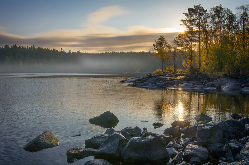 Lake at Sunrise — Blue, Serene, Photograph, Trees