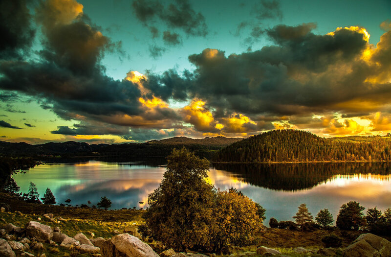 Lake at Sunset — Blue, Dramatic, Photograph, Clouds, Trees