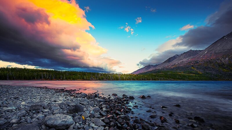 Lake at Sunset — Blue, Dramatic, Photograph, Mountains