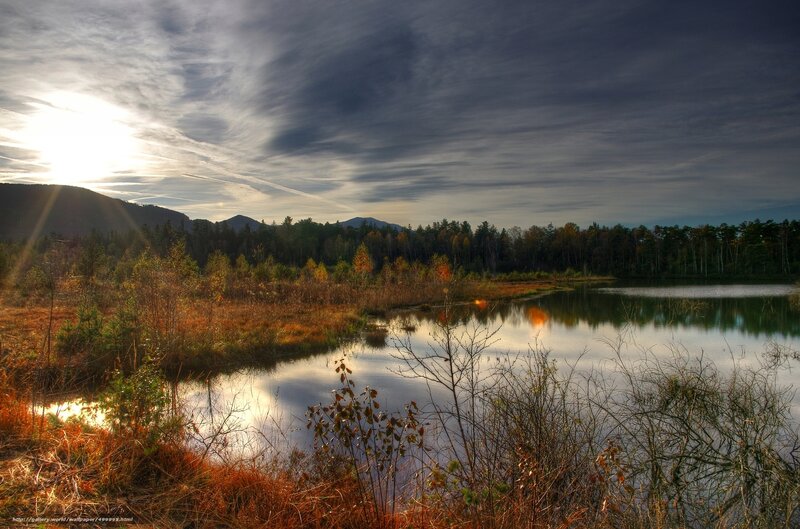 Lake at Sunset — Blue, Dramatic, Photograph, Mountains, Trees, Sky