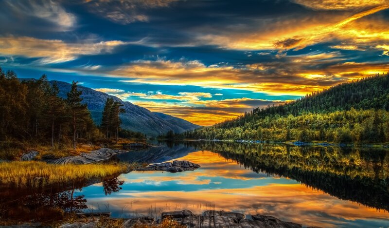 Lake at Sunset — Blue, Dramatic, Photograph, Mountains, Trees