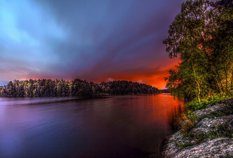 Lake at Sunset — Blue, Dramatic, Photograph, Trees
