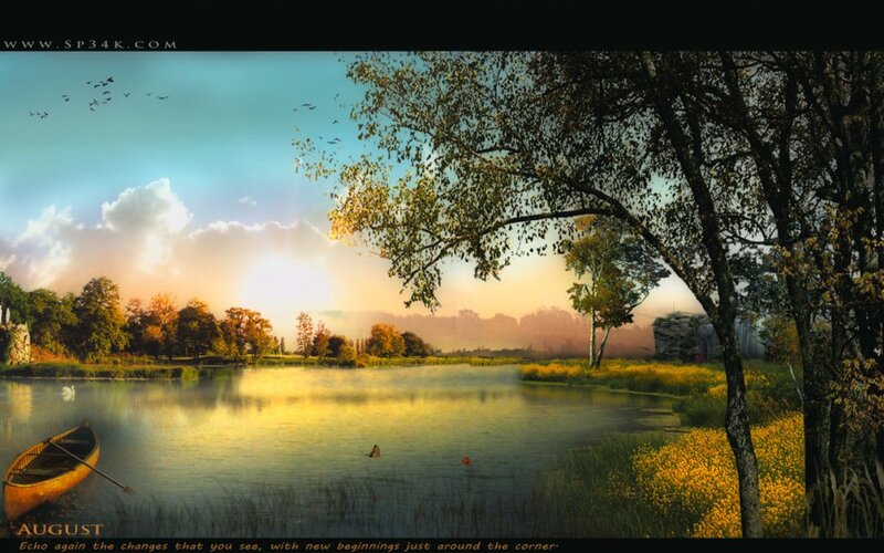 Lake at Sunset — Blue, Serene, Digital Art