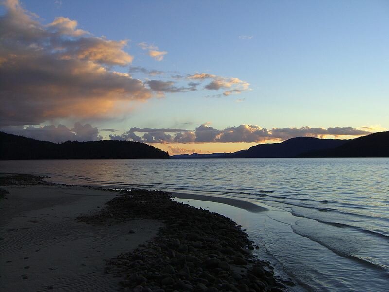 Lake at Sunset — Blue, Serene, Photograph, Mountains, Clouds