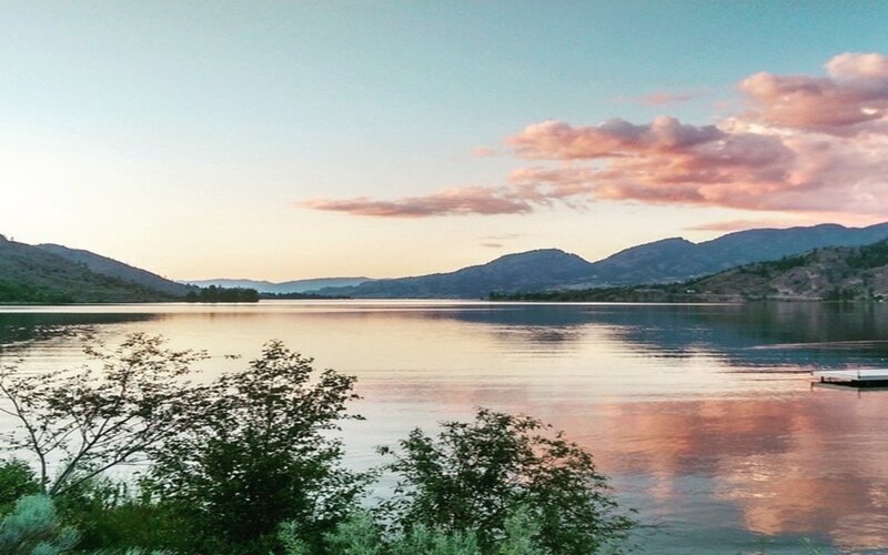 Lake at Sunset — Blue, Serene, Photograph, Mountains, Clouds, Trees, Dock
