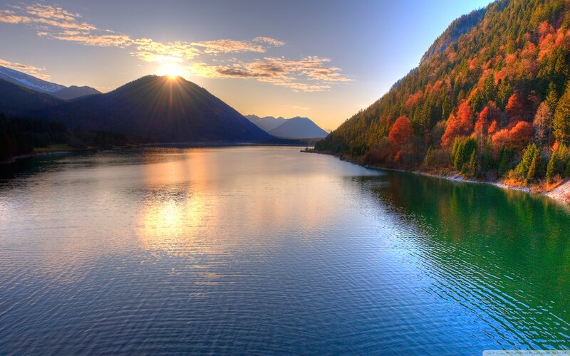 Lake at Sunset — Blue, Serene, Photograph, Mountains, Forest