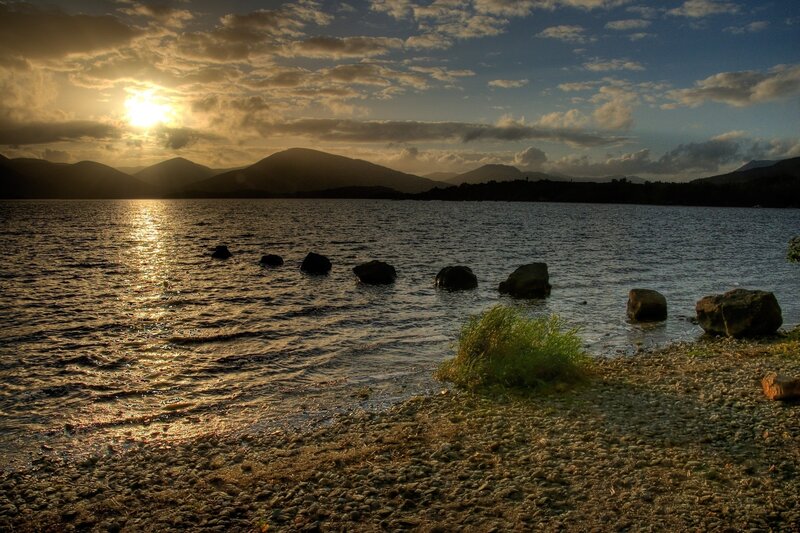 Lake at Sunset — Blue, Serene, Photograph, Mountains, Rocks, Clouds