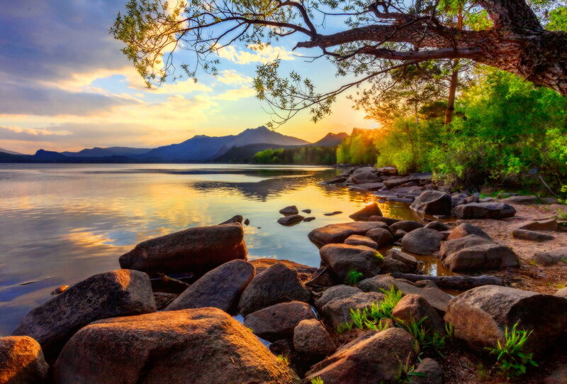 Lake at Sunset — Blue, Serene, Photograph, Mountains, Rocks, Tree