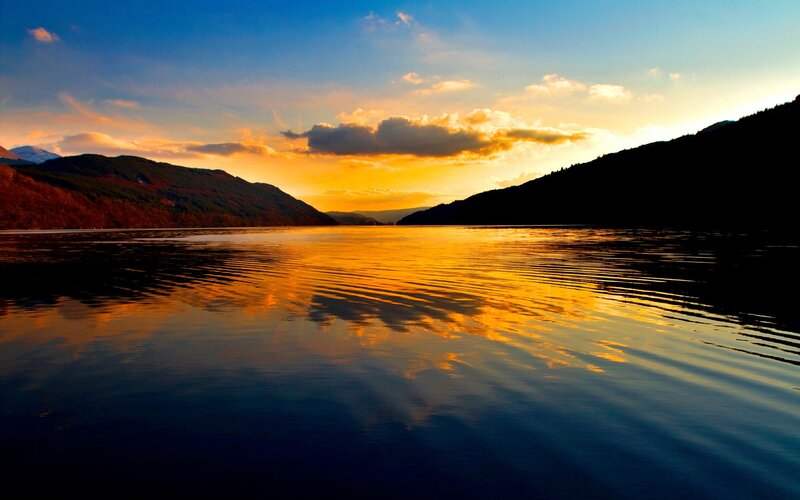 Lake at Sunset — Blue, Serene, Photograph, Mountains, Sky, Clouds