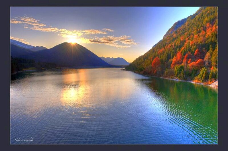 Lake at Sunset — Blue, Serene, Photograph, Mountains, Trees, Sun, Green