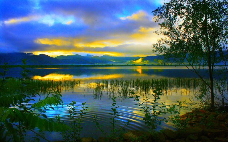 Lake at Sunset — Blue, Serene, Photograph, Mountains, Trees