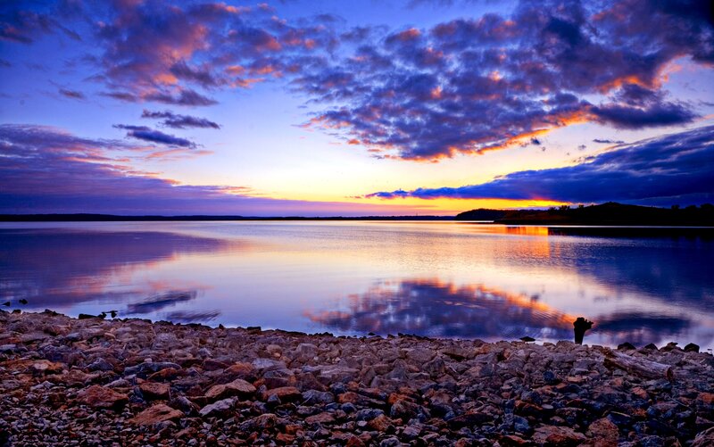 Lake at Sunset — Blue, Serene, Photograph, Rocks