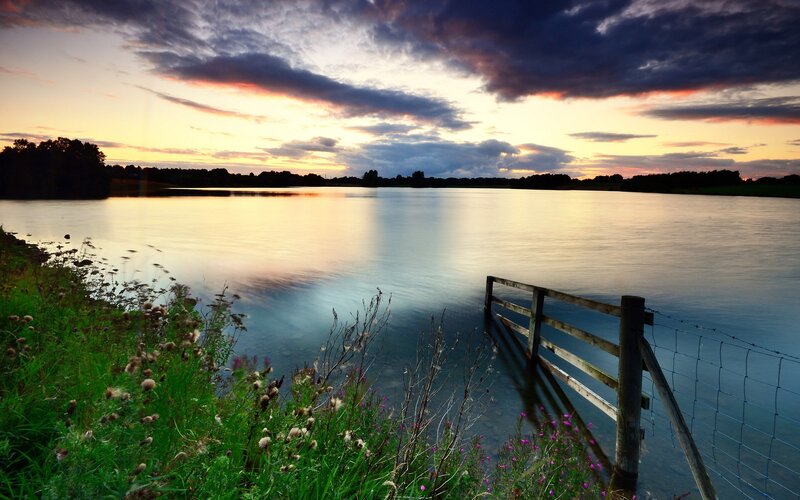 Lake at Sunset — Blue, Serene, Photograph, Sky, Dock