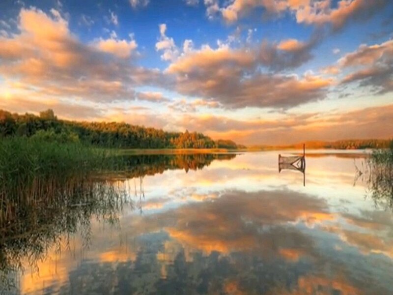 Lake at Sunset — Blue, Serene, Photograph, Sky, Trees