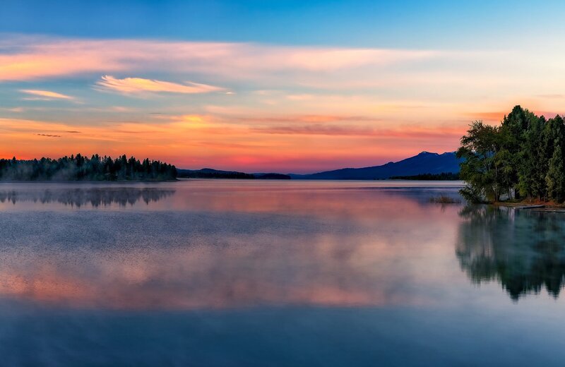 Lake at Sunset — Blue, Serene, Photograph, Trees, Mountains