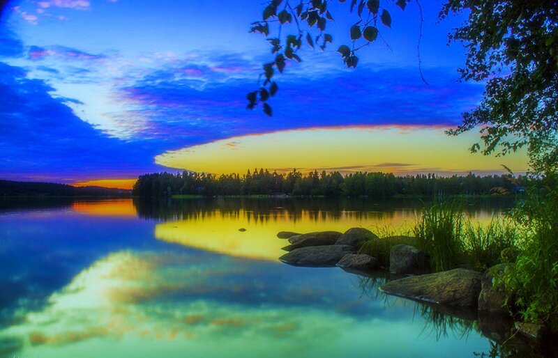 Lake at Sunset — Blue, Serene, Photograph, Trees, Rocks, Sky