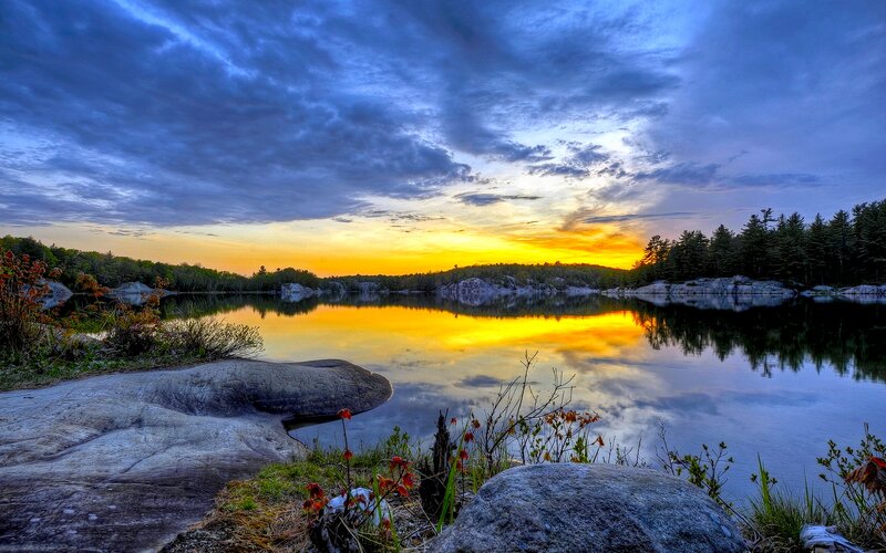 Lake at Sunset — Blue, Serene, Photograph, Trees, Rocks
