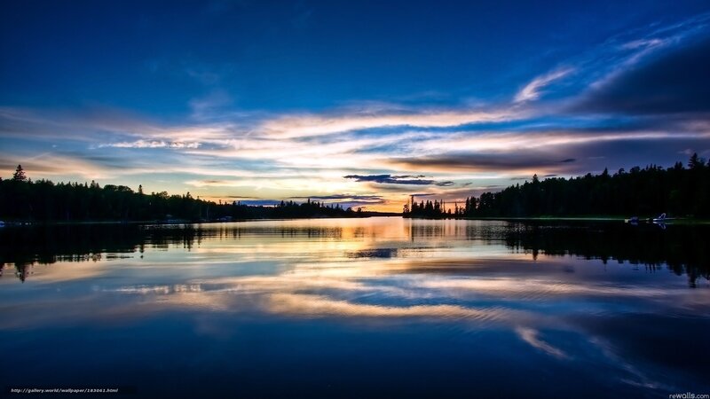 Lake at Sunset — Blue, Serene, Photograph, Trees, Sky, Clouds, Boats