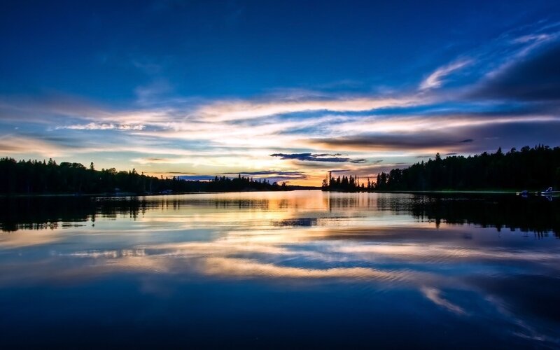 Lake at Sunset — Blue, Serene, Photograph, Trees, Sky, Clouds