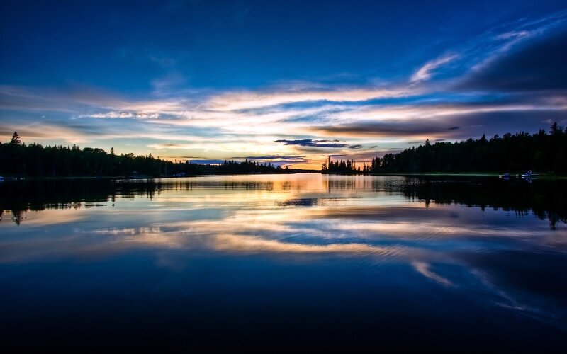 Lake at Sunset — Blue, Serene, Photograph, Trees, Sky, Reflection