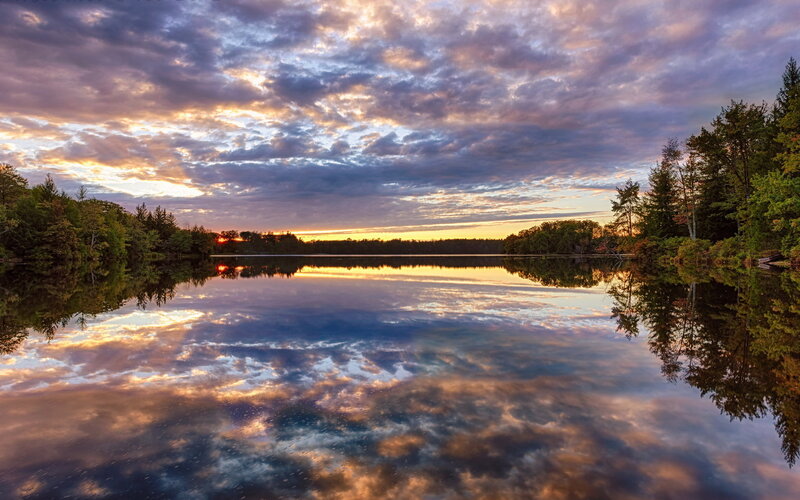 Lake at Sunset — Blue, Serene, Photograph, Trees, Sky