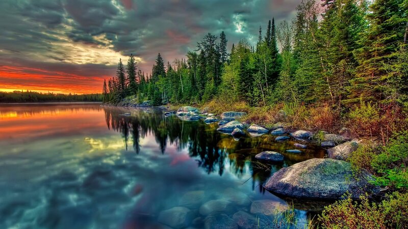 Lake at Sunset — Orange, Dramatic, Photograph, Forest, Rocks, Sky
